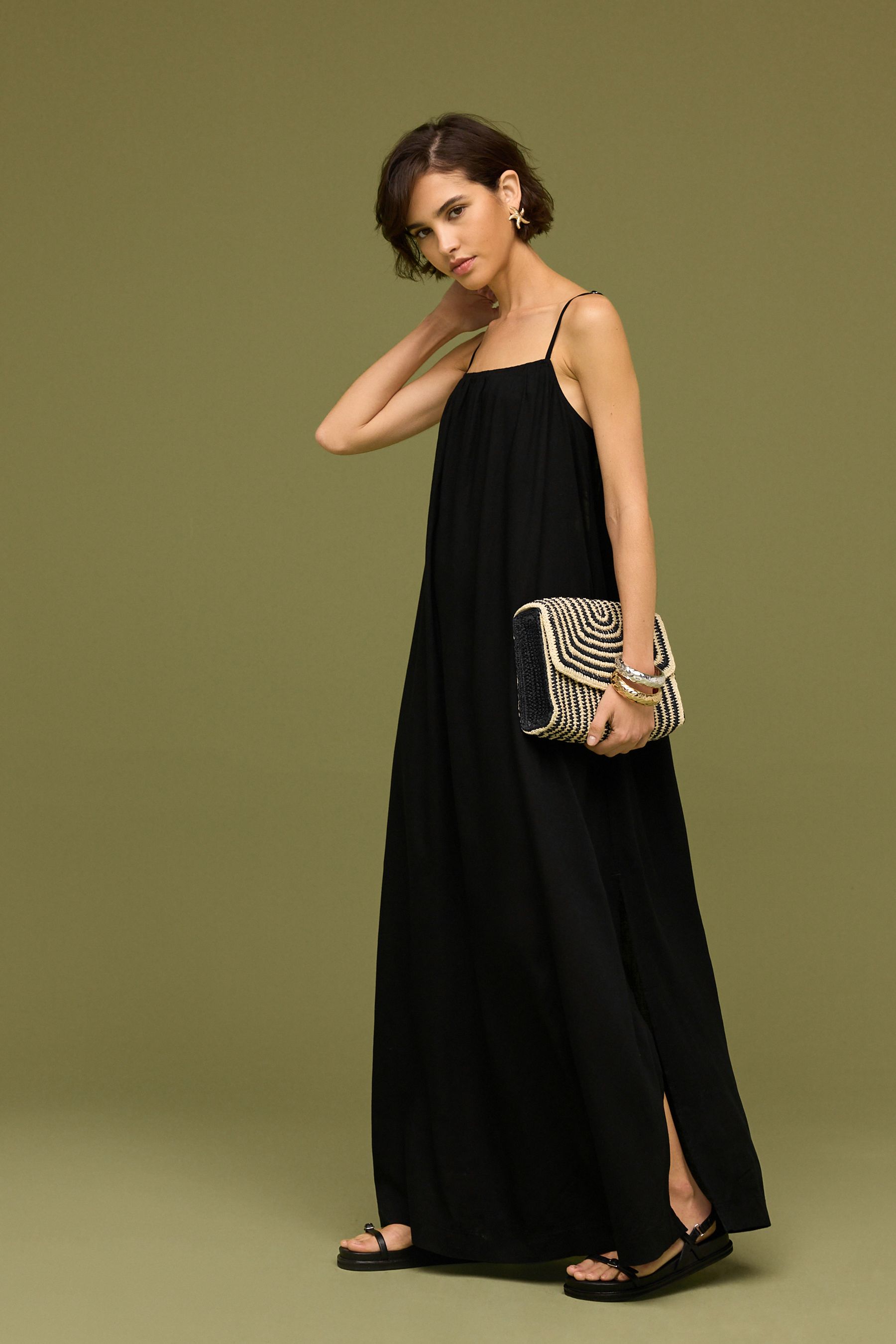 Black Tie Back Maxi Dress With Linen