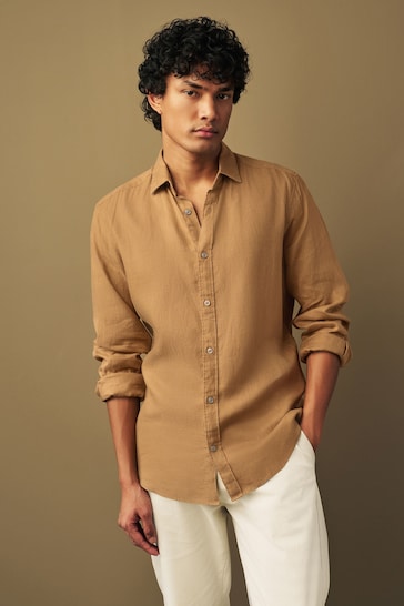 Neutral Brown Slim Fit 100% Linen Long Sleeve Shirt
