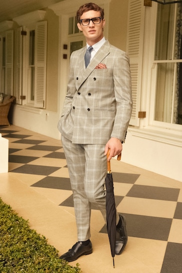 Grey Slim Fit Double Breasted Check Suit Jacket