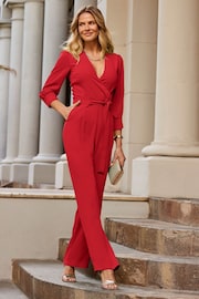 Sosandar Red Tailored Tie Waist Formal Jumpsuit - Image 1 of 5