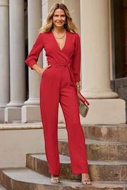 Sosandar Red Tailored Tie Waist Formal Jumpsuit - Image 4 of 5