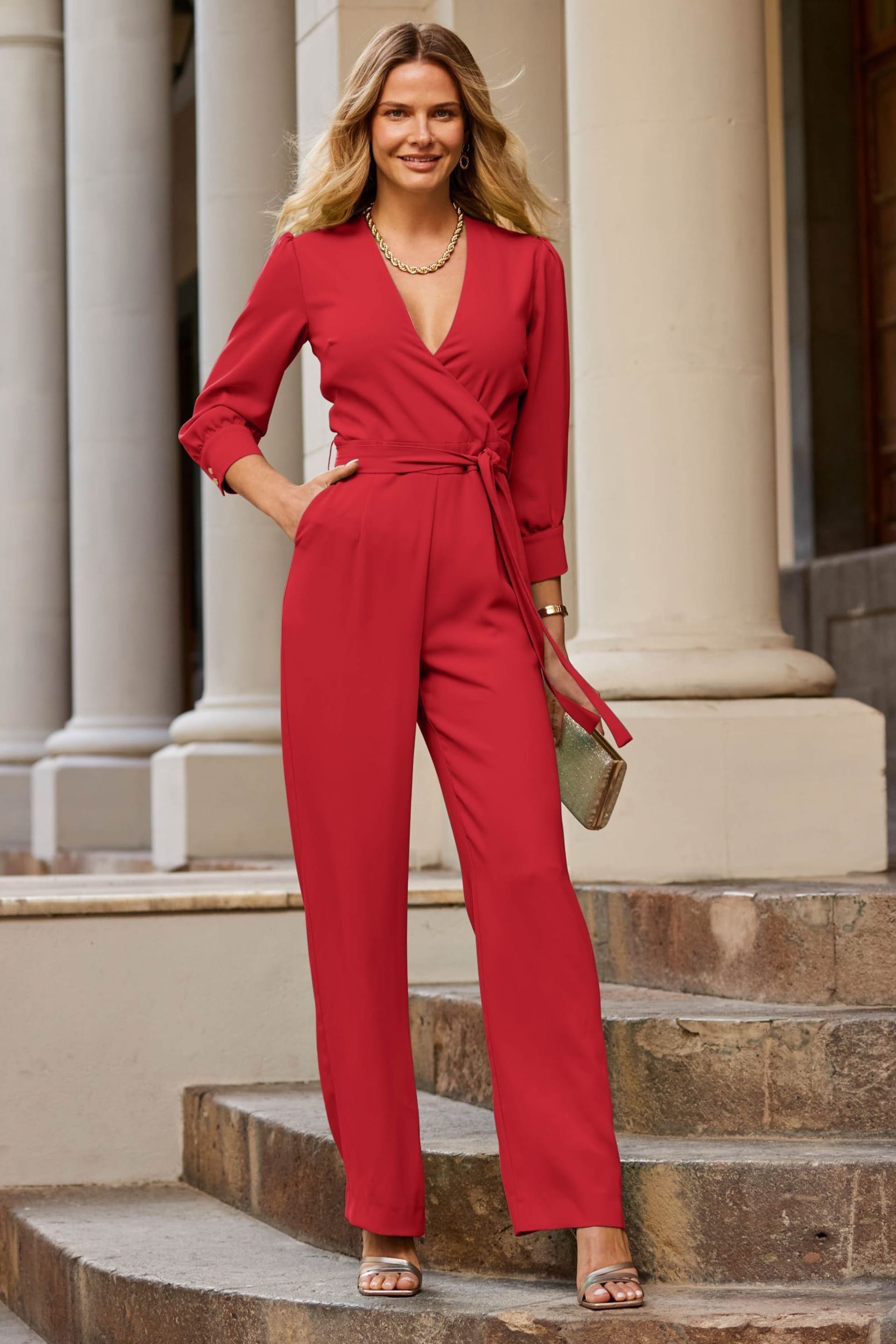 Sosandar Red Tailored Tie Waist Formal Jumpsuit - Image 4 of 5