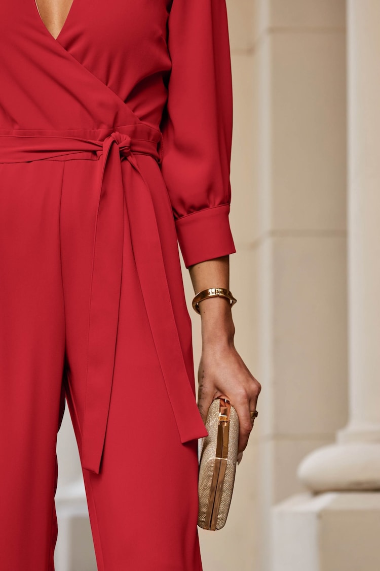 Sosandar Red Tailored Tie Waist Formal Jumpsuit - Image 5 of 5