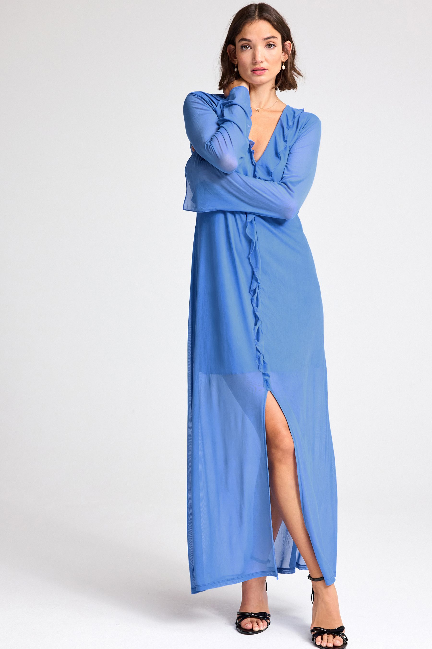 Buy Cobalt Blue Long Sleeve Mesh Ruffle Maxi Dress from Next Luxembourg