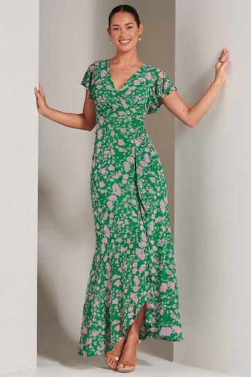 Jolie Moi Green Floral Gisselle Ruffle Hem Mesh Maxi Dress