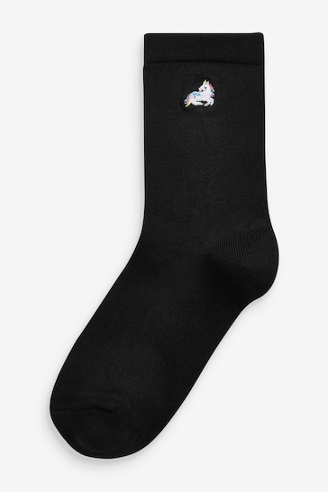 Black 5 Pack Bamboo Rich Unicorn Embroidered Ankle Socks