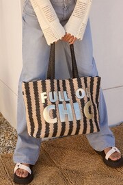 Rockett St George Black/White Slogan Straw Tote Bag - Image 2 of 10