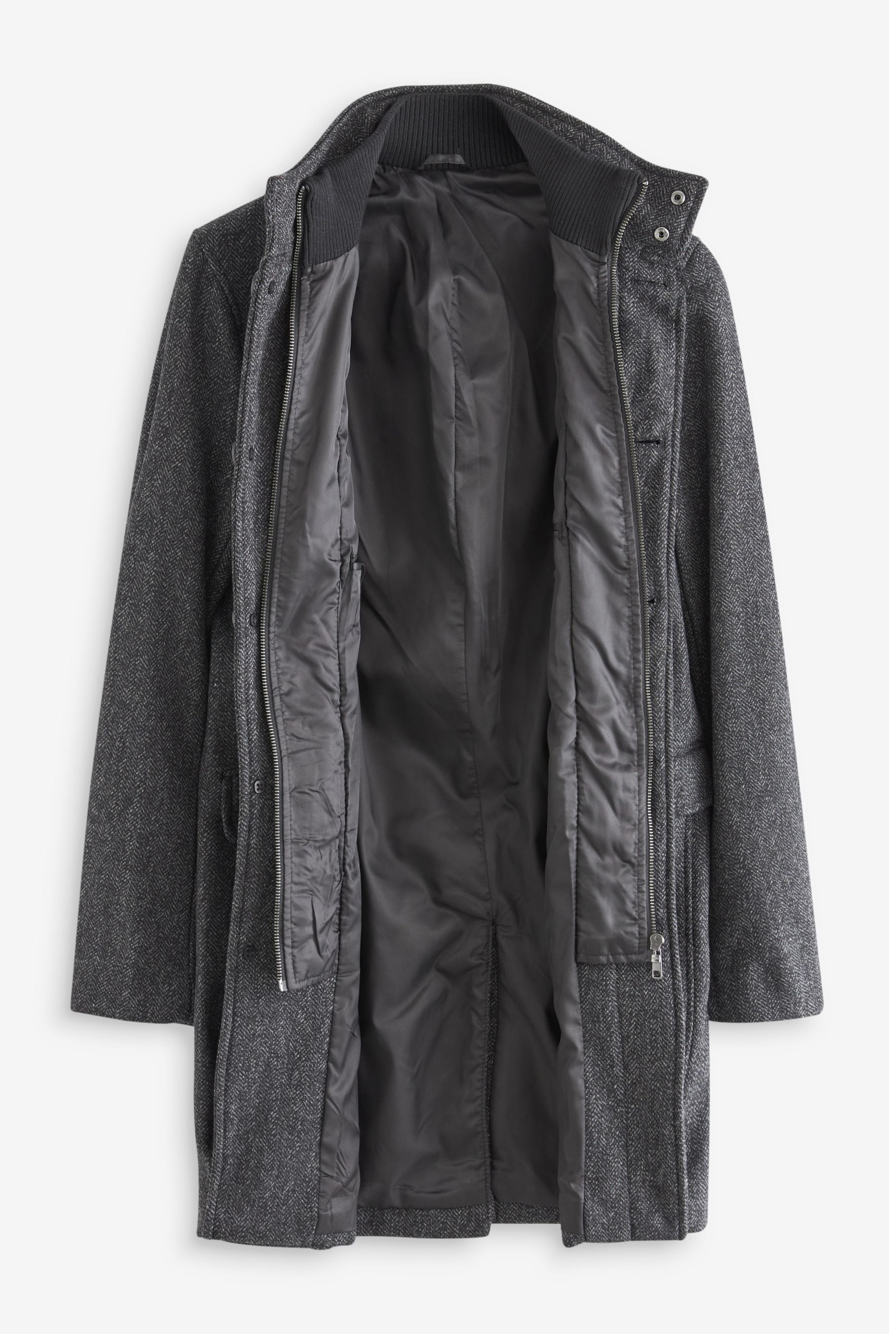 Buy Charcoal Grey Herringbone Funnel Neck Coat With Built In Gilet