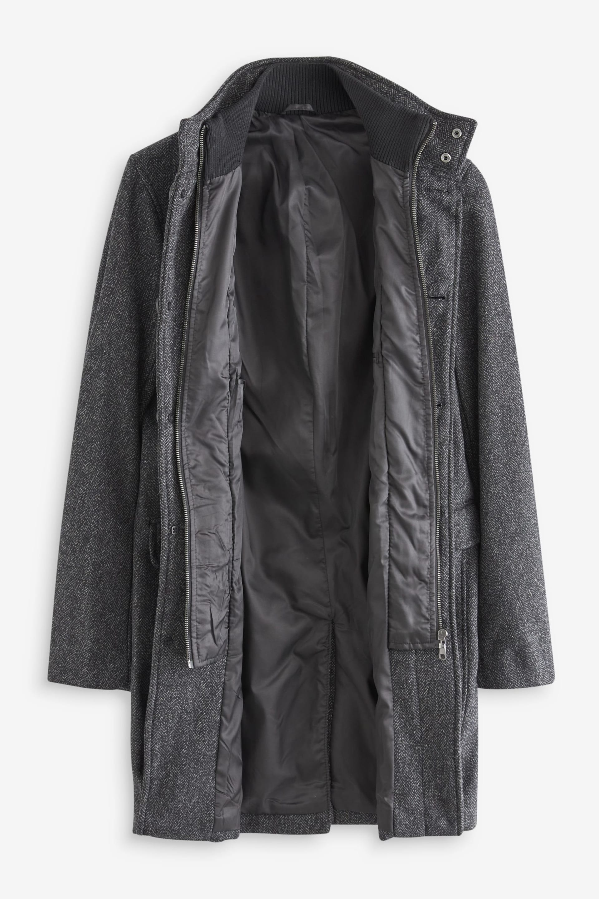 Charcoal Grey Herringbone Funnel Neck Coat With Built In Gilet - Image 5 of 9