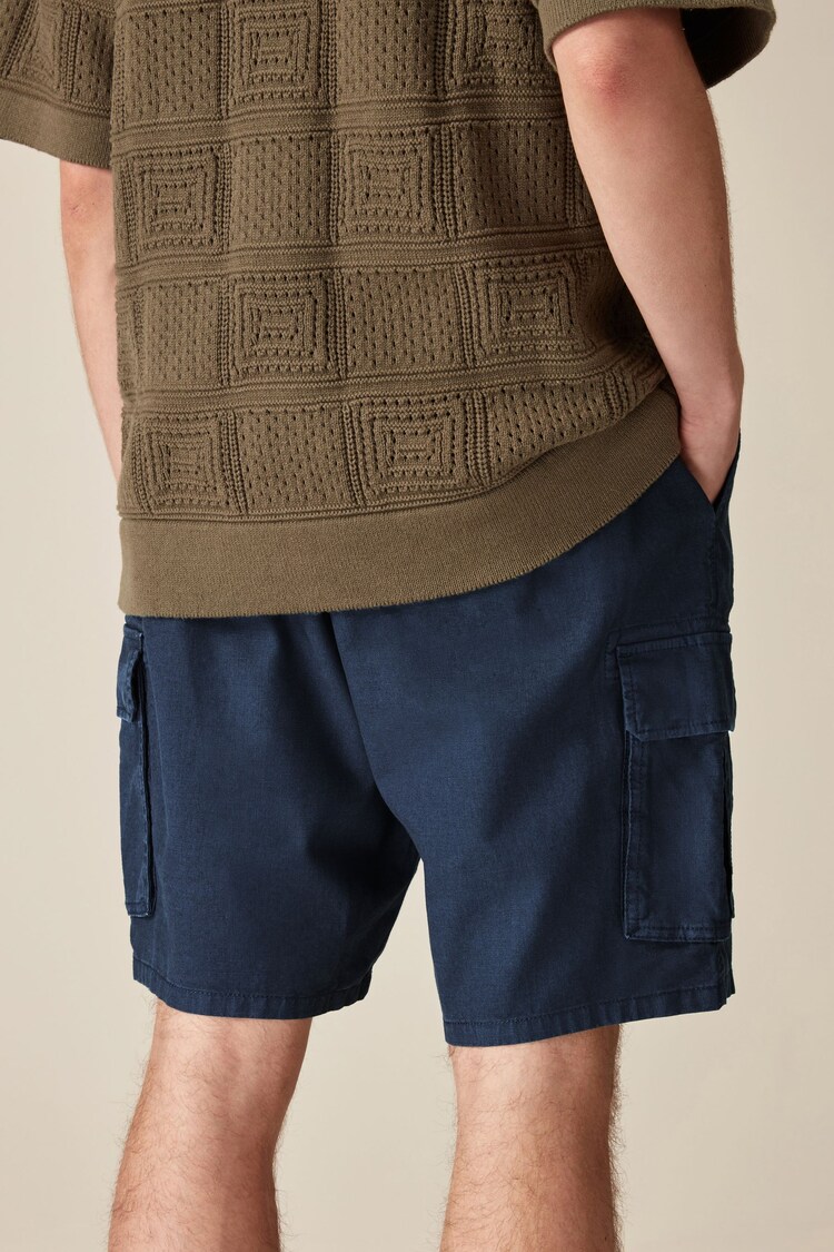 Navy Cotton Linen Cargo Shorts - Image 4 of 10