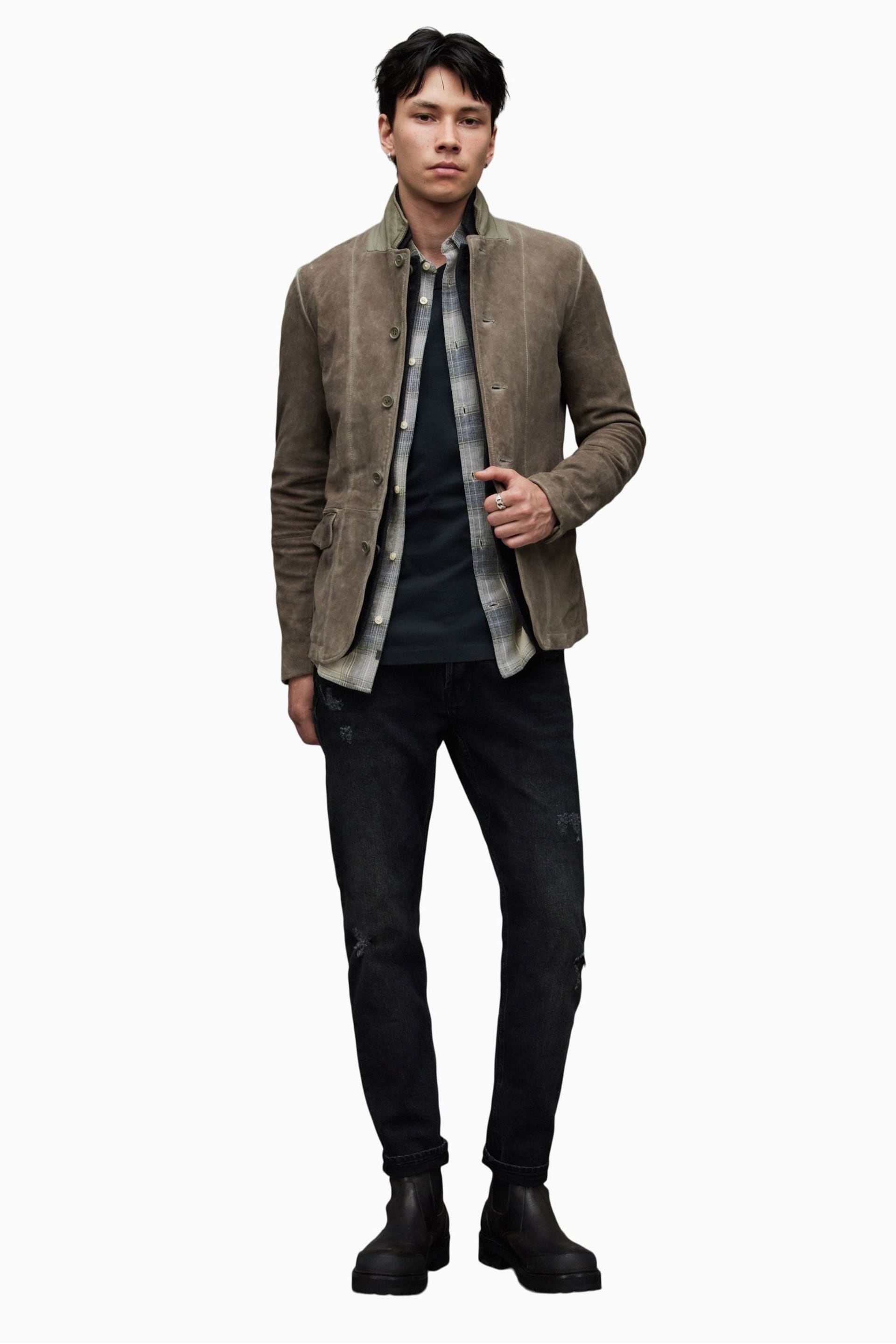 AllSaints Grey Survey Leather Blazer - Image 3 of 8