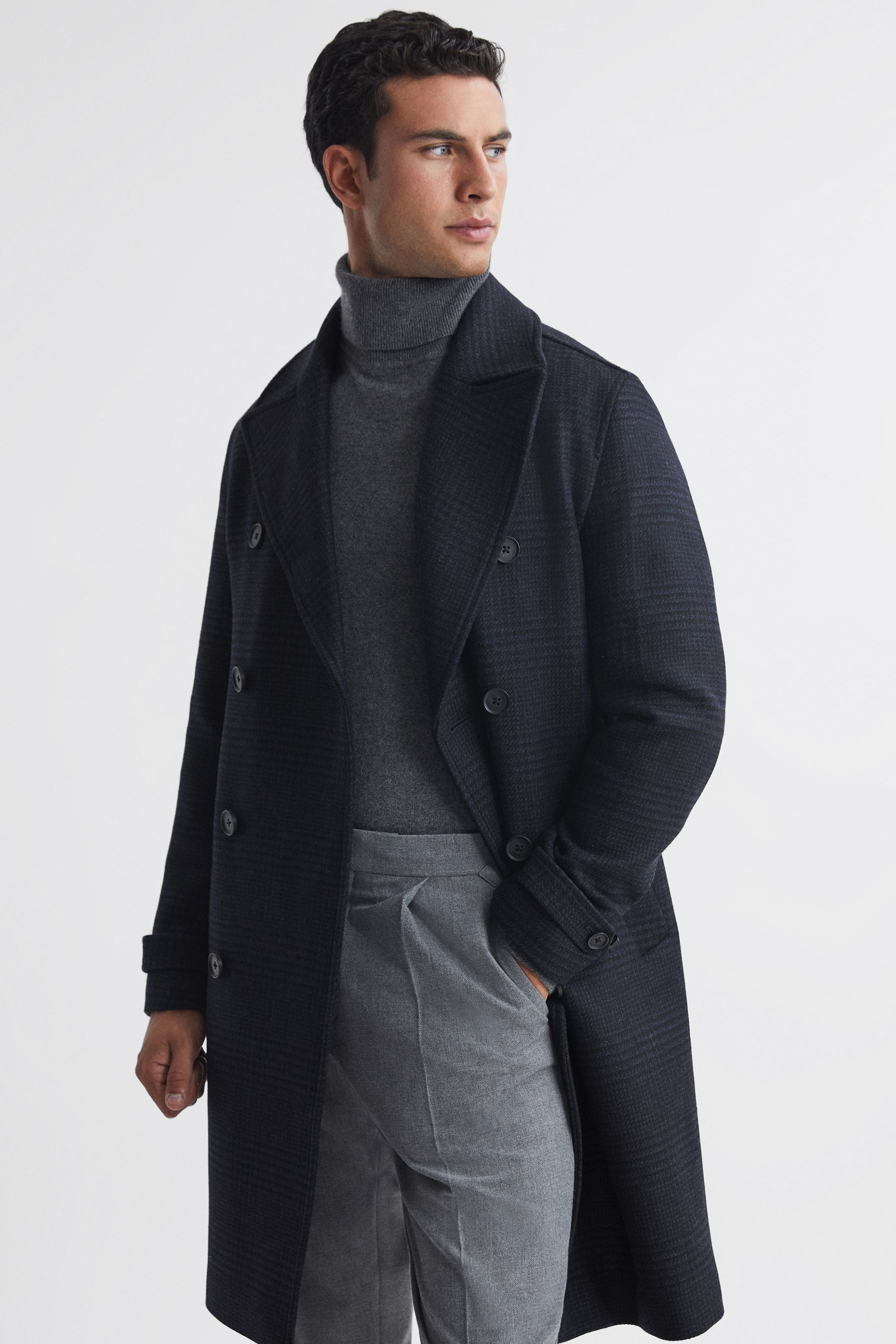 Buy Reiss Navy Attention Wool Check Double Breasted Coat from Next Georgia