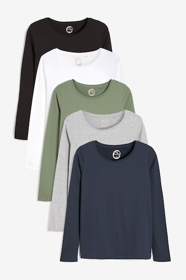 Black/White/Grey/Blue/Green Long Sleeve Tops 5 Pack