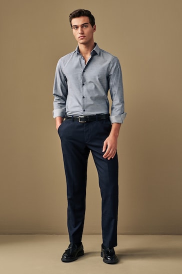 Navy Blue Regular Fit Cotton Textured Trimmed Single Cuff Shirt