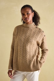 Joules Betsy Camel Button Shoulder Cable Jumper - Image 1 of 6