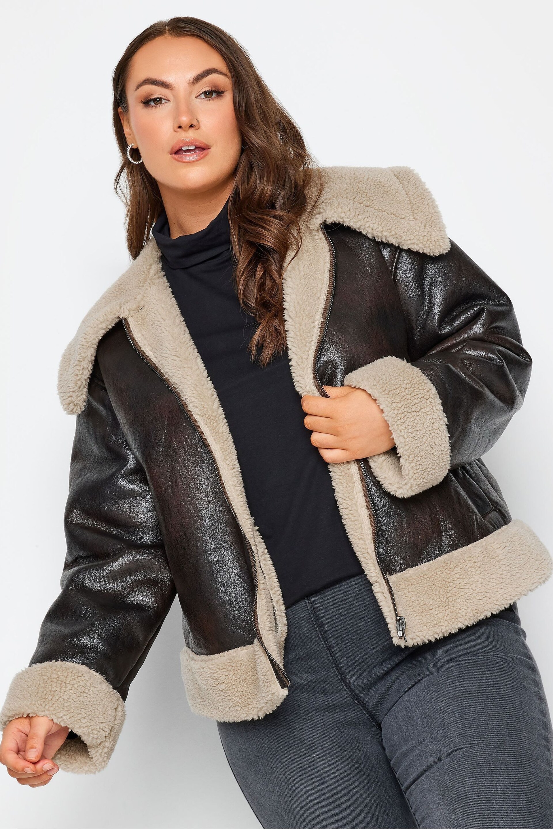 Yours Curve Brown Centre Front Aviator Coat - Image 2 of 5