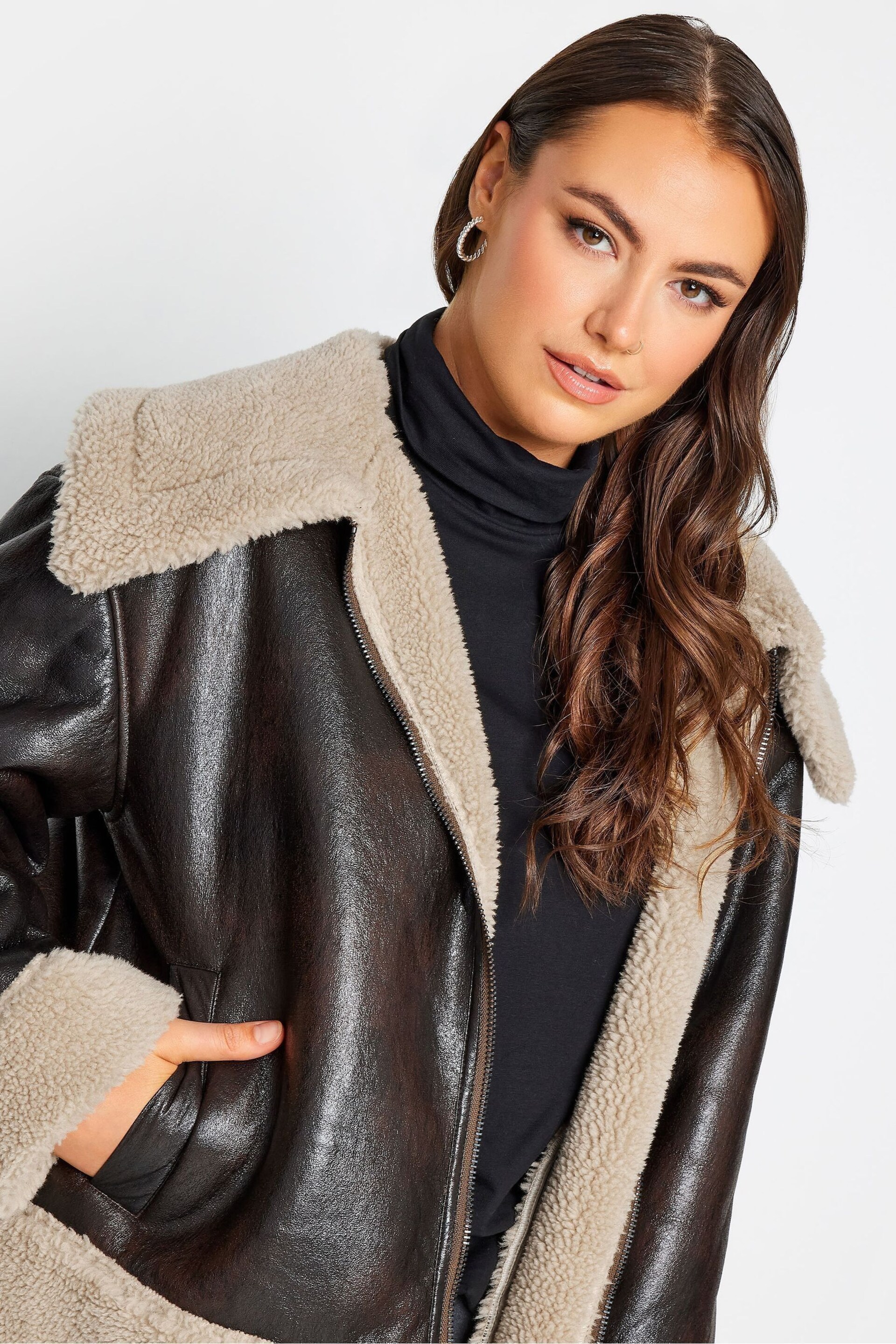 Yours Curve Brown Centre Front Aviator Coat - Image 5 of 5