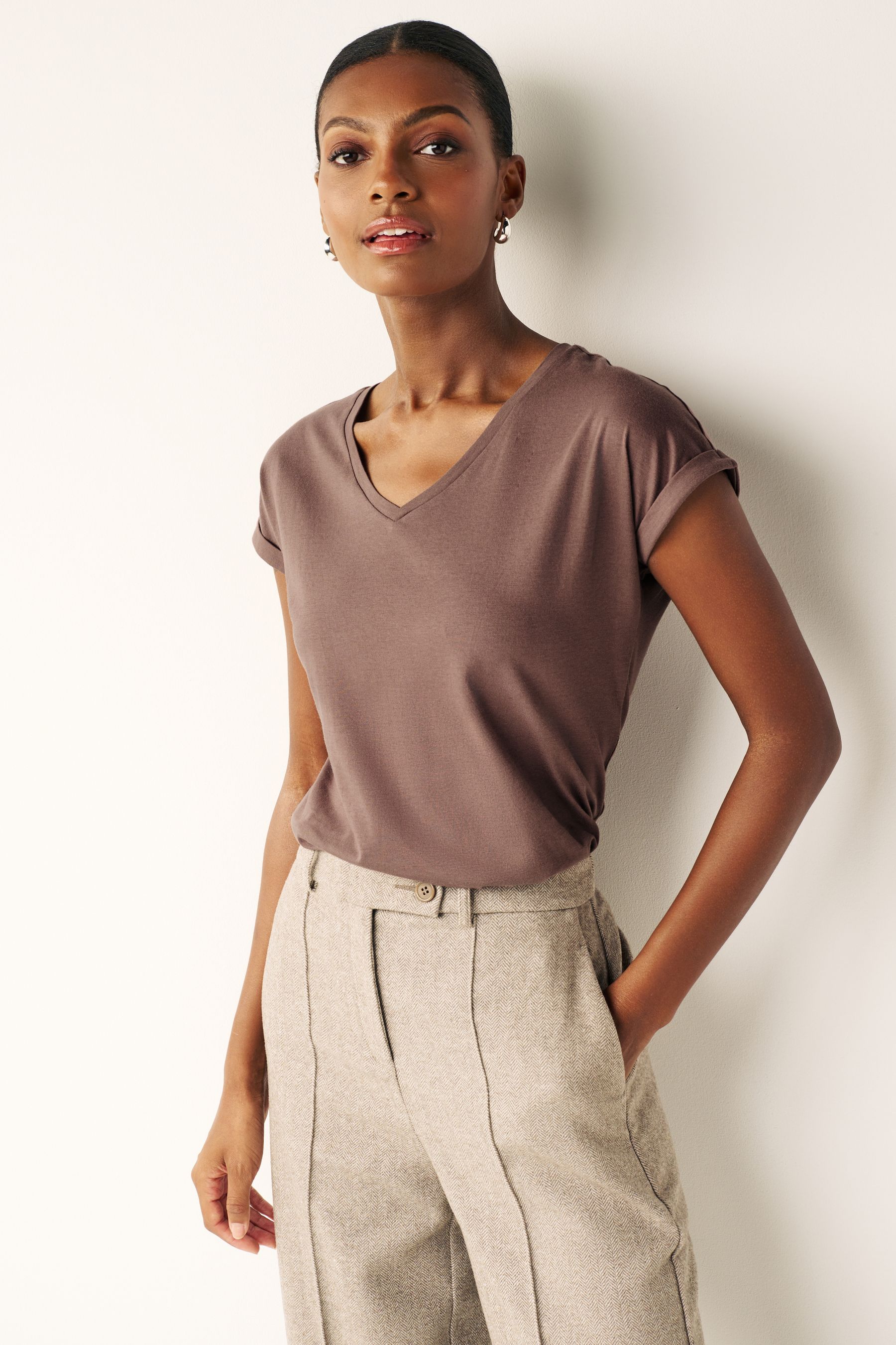 Buy Neutral V Neck 100 Cotton Rich Cap Sleeve T Shirt from Next Luxembourg