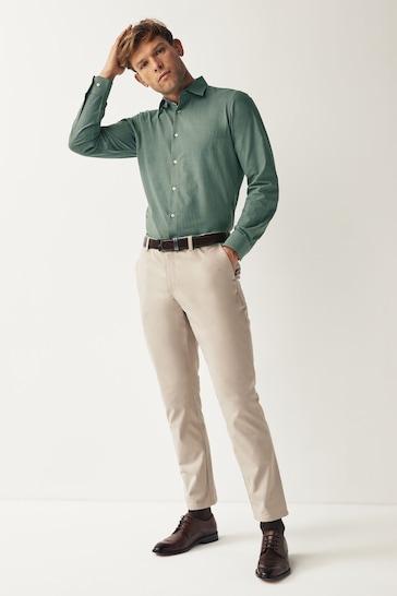 Dark Green Regular Fit Textured Trimmed Single Cuff Shirt