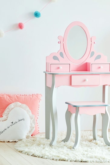 Teamson Home Pink Kids Wooden Vanity Set with Stool Mirror & Storage