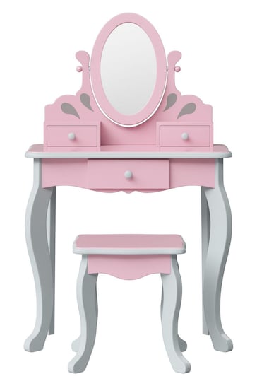 Teamson Home Pink Kids Wooden Vanity Set with Stool Mirror & Storage