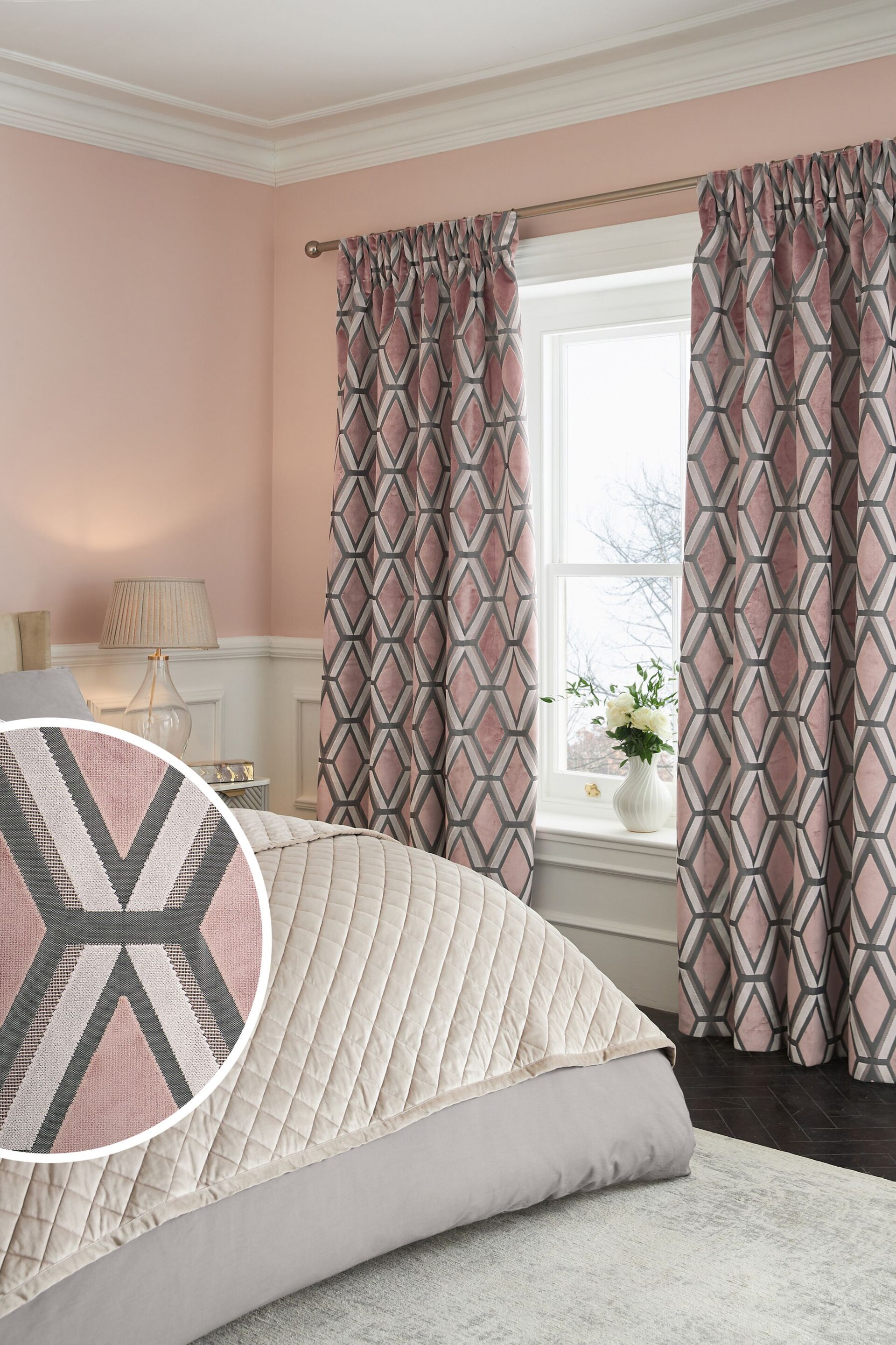 Blush Pink Next Collection Luxe Heavyweight Geometric Cut Velvet Pencil Pleat Lined Curtains - Image 1 of 5