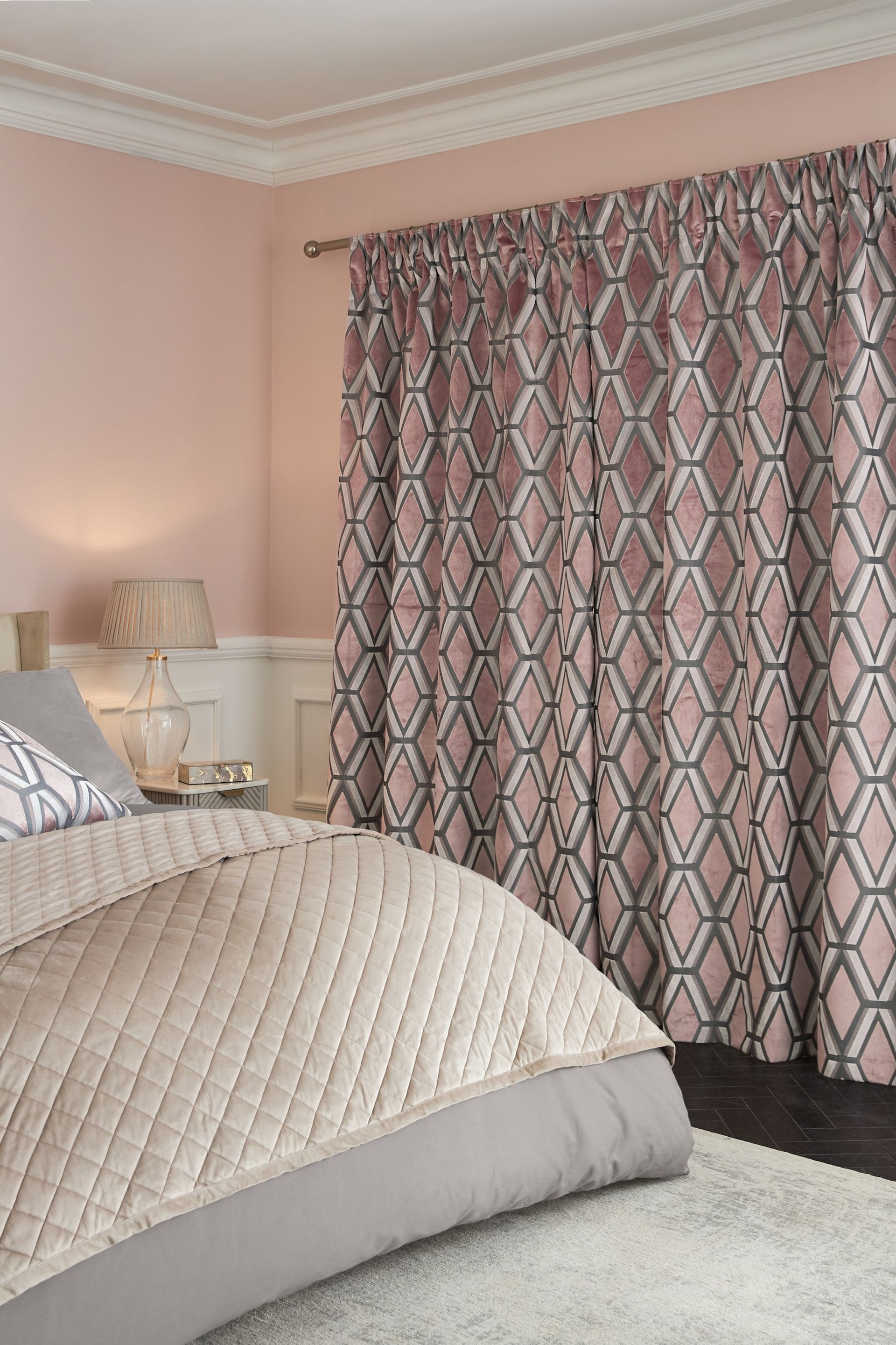 Blush Pink Next Collection Luxe Heavyweight Geometric Cut Velvet Pencil Pleat Lined Curtains - Image 2 of 5