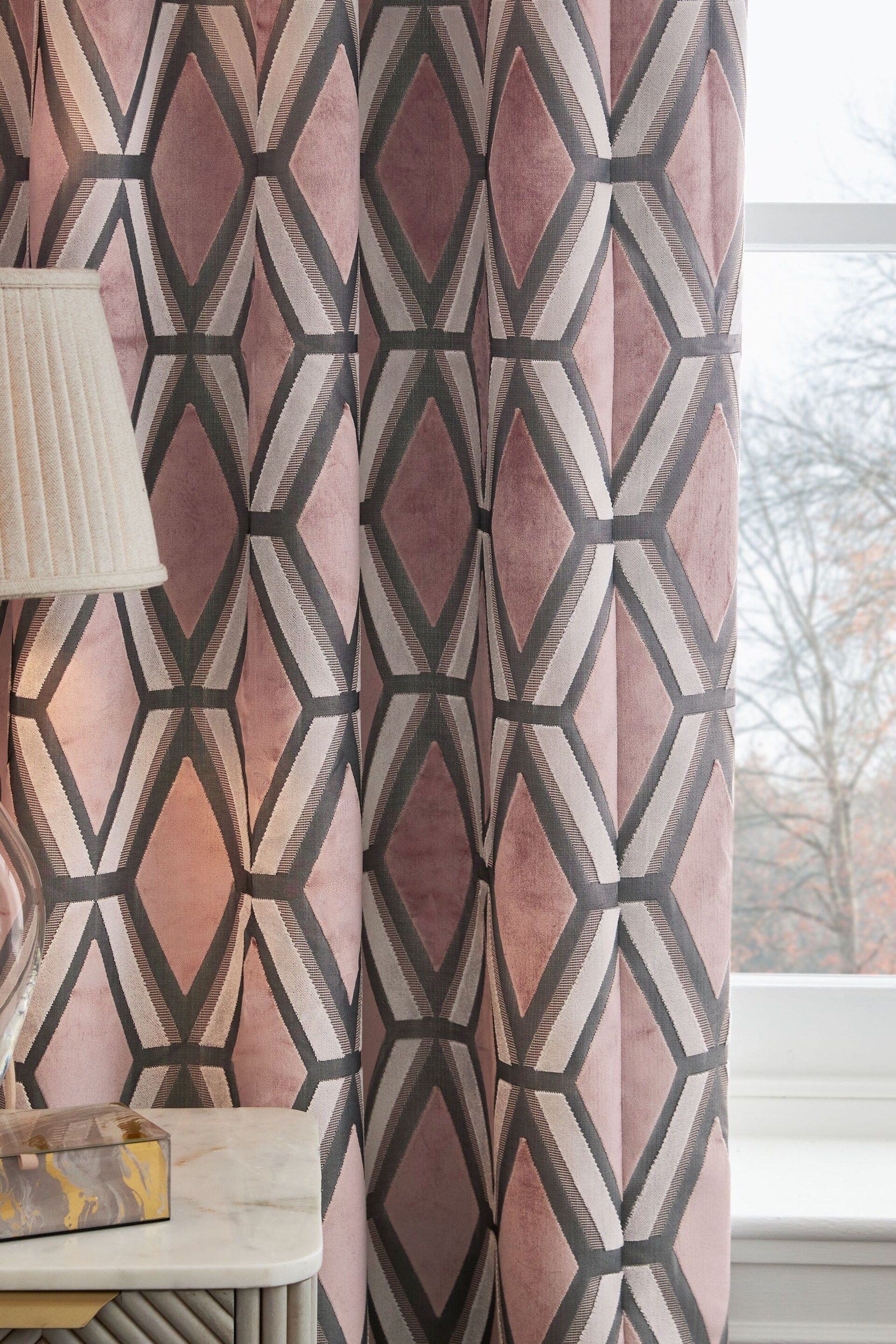 Blush Pink Next Collection Luxe Heavyweight Geometric Cut Velvet Pencil Pleat Lined Curtains - Image 3 of 5