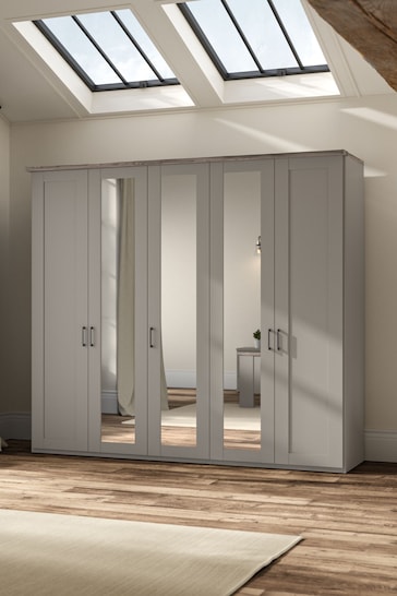 Wiemann Pebble Grey Truro 5 Door Wood and Mirror Semi Fitted Wardrobe