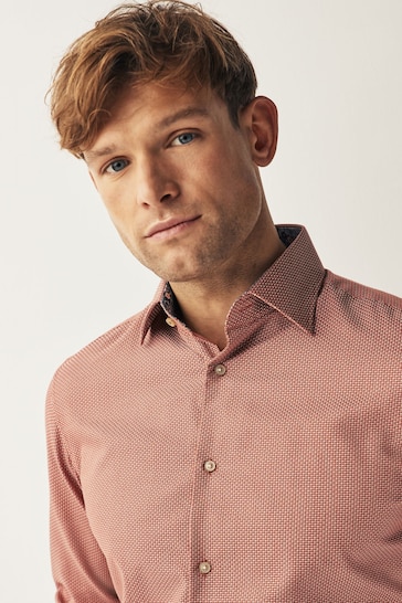 Red Geometric Slim Fit Cotton Textured Trimmed Single Cuff Shirt