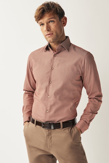 Red Geometric Slim Fit Cotton Textured Trimmed Single Cuff Shirt