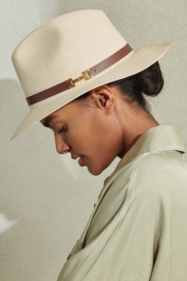 Reiss Natural Gigi Faux Leather Trim Woven Hat