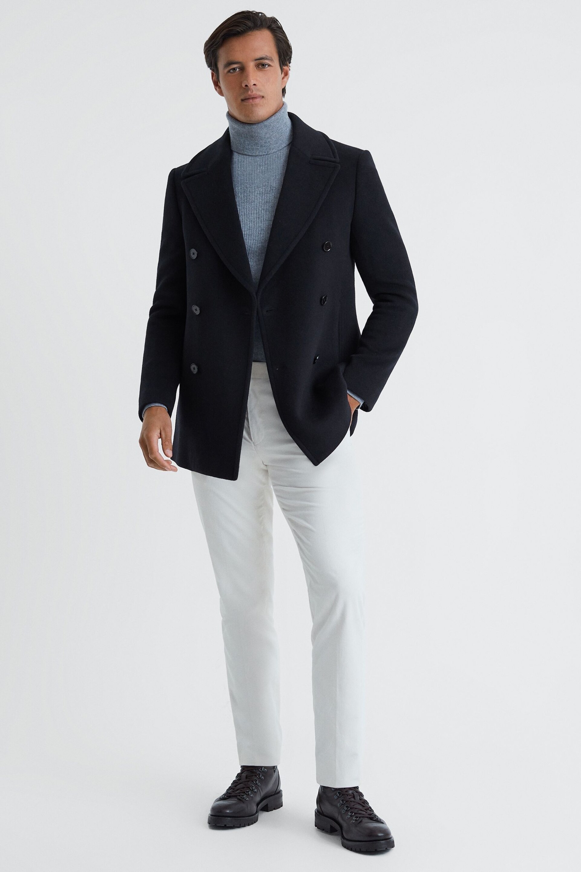 Reiss Light Navy Bergamo Wool Blend Double Breasted Peacoat - Image 4 of 6