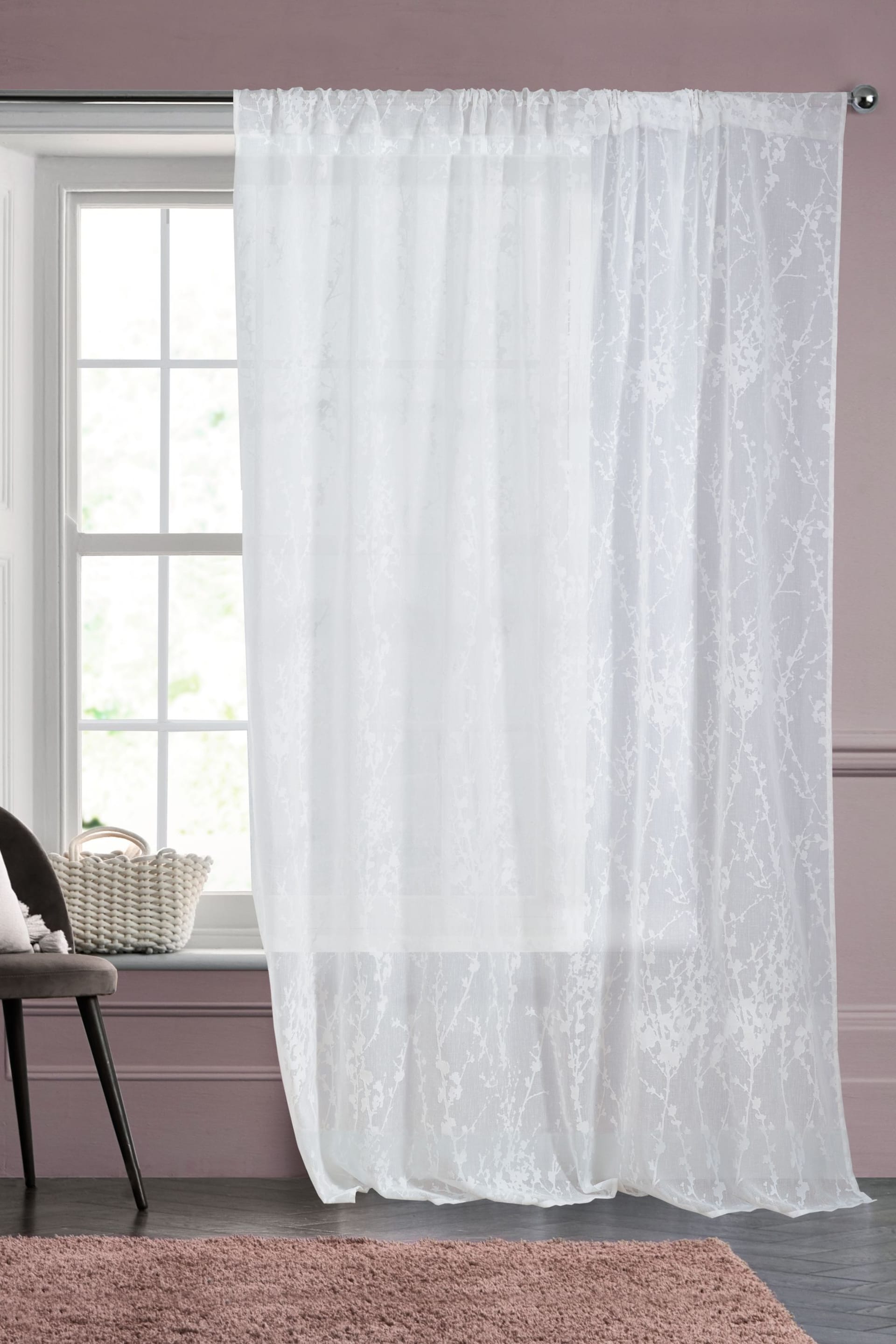 White Blossom Voile Slot Top Unlined Sheer Panel Curtain - Image 2 of 3