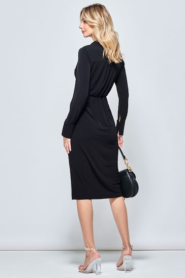 Jolie Moi Black Long Sleeve Wrap Midi Shirt Dress