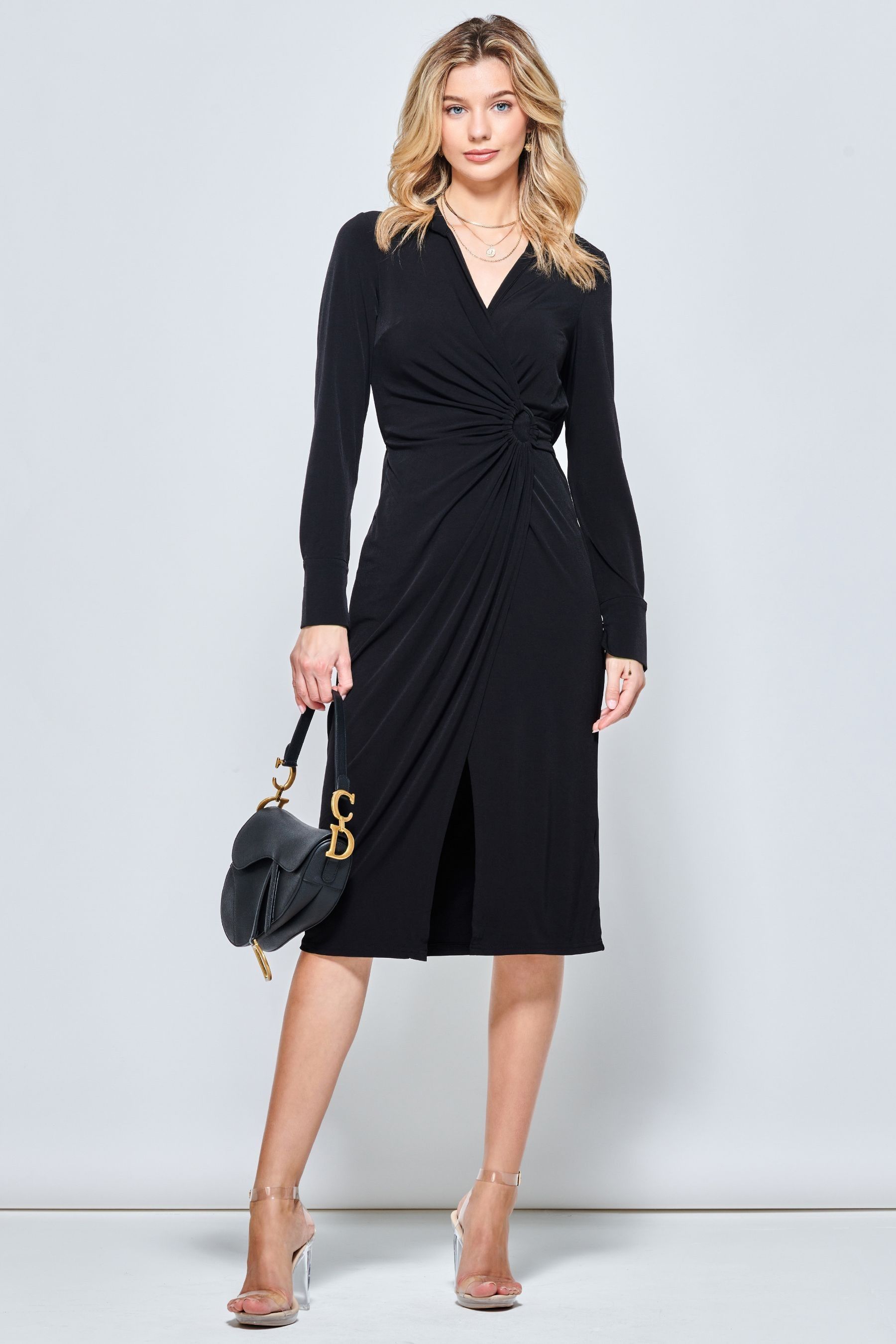 Black long sleeve wrap midi dress clearance