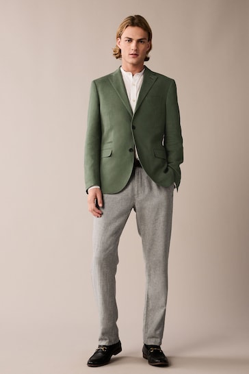 Sage Green Textured Linen Blend Trousers