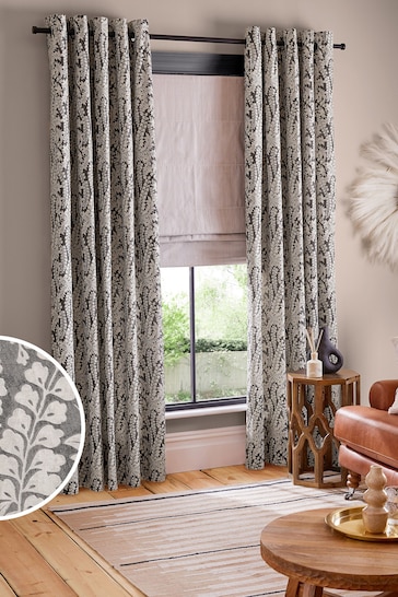 Monochrome Woodblock Floral Eyelet Lined Curtains