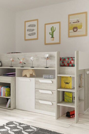 Flexa Kids Grey Girona Mid Sleeper With Desk, Chest, Cupboard And Shelving
