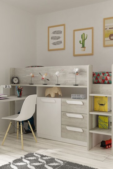 Flexa Kids Grey Girona Mid Sleeper With Desk, Chest, Cupboard And Shelving