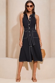 Lipsy Denim Look Belted Sleeveless Summer Button Through Shirt Linen Look Dress - Image 3 of 4