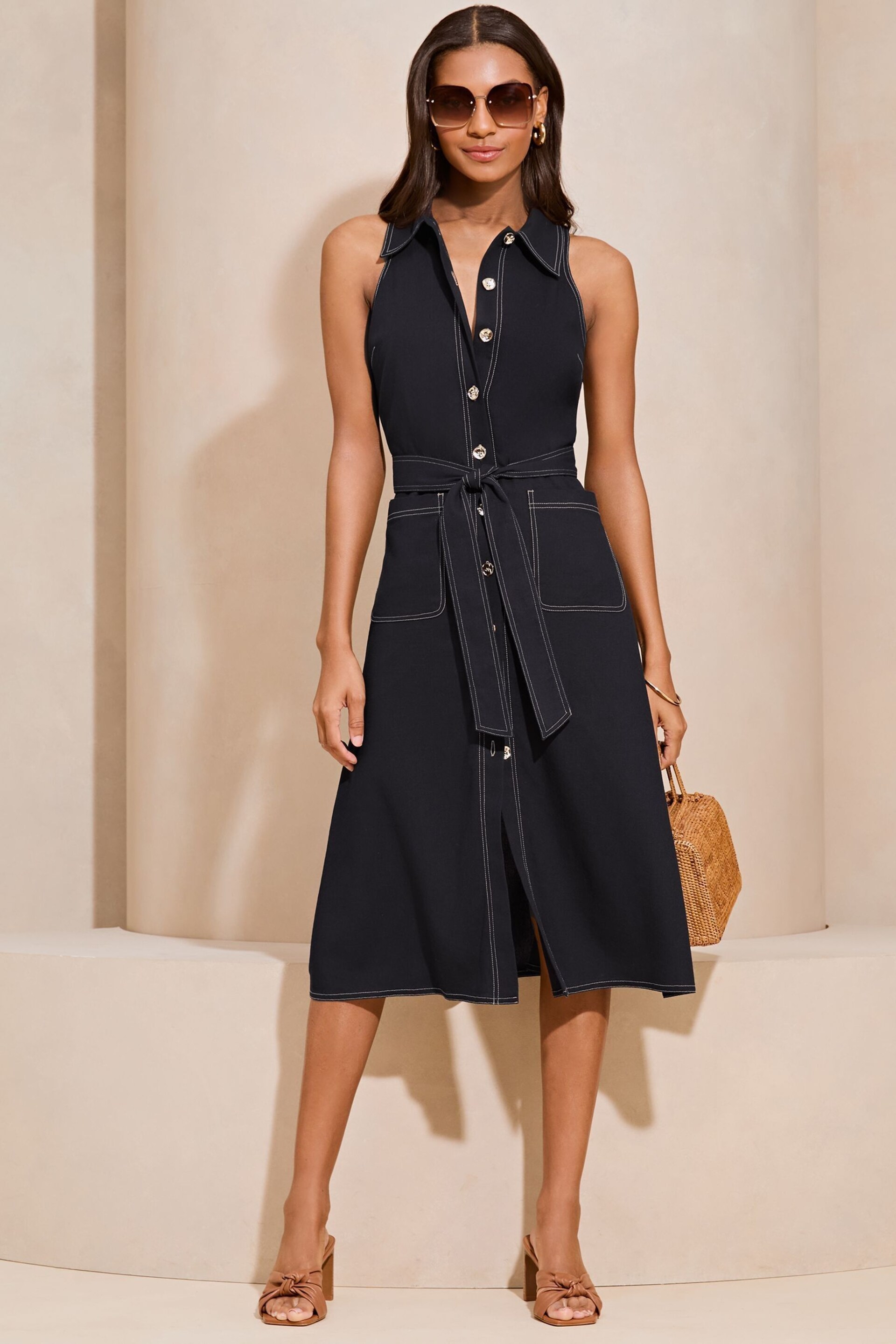 Lipsy Denim Look Belted Sleeveless Summer Button Through Shirt Linen Look Dress - Image 3 of 4