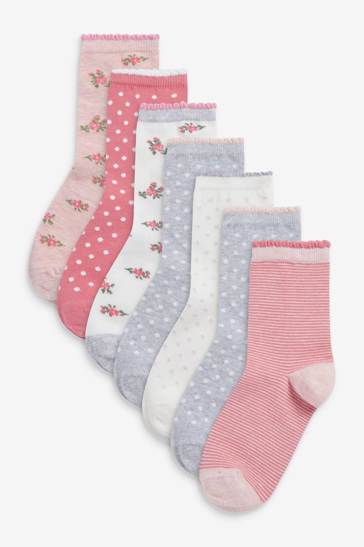 Pink 7 Pack Cotton Rich Pretty Ankle Socks - Image 1 of 8