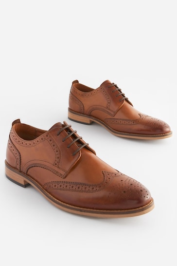 Tan Brown Regular Fit Leather Contrast Sole Brogue Shoes