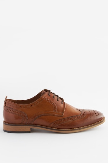 Tan Brown Regular Fit Leather Contrast Sole Brogue Shoes