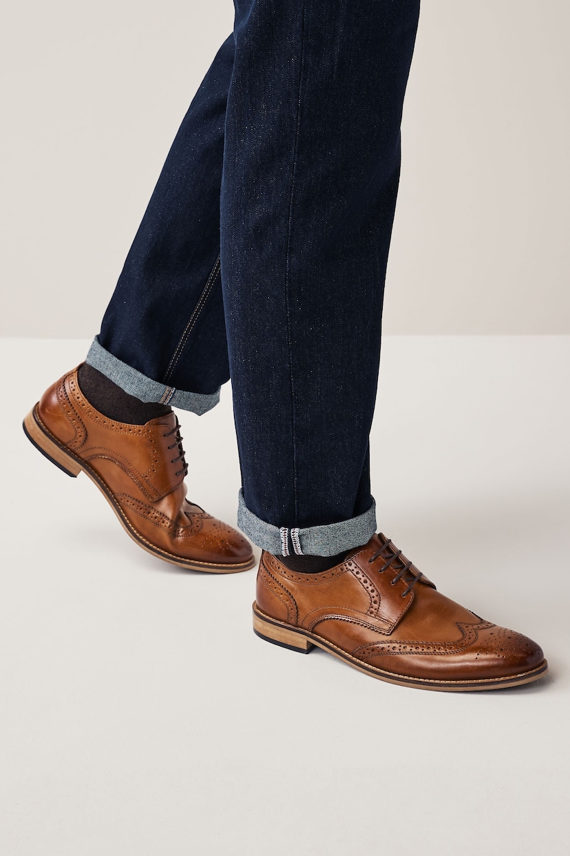 Tan Brown Regular Fit Leather Contrast Sole Brogue Shoes - Image 6 of 7