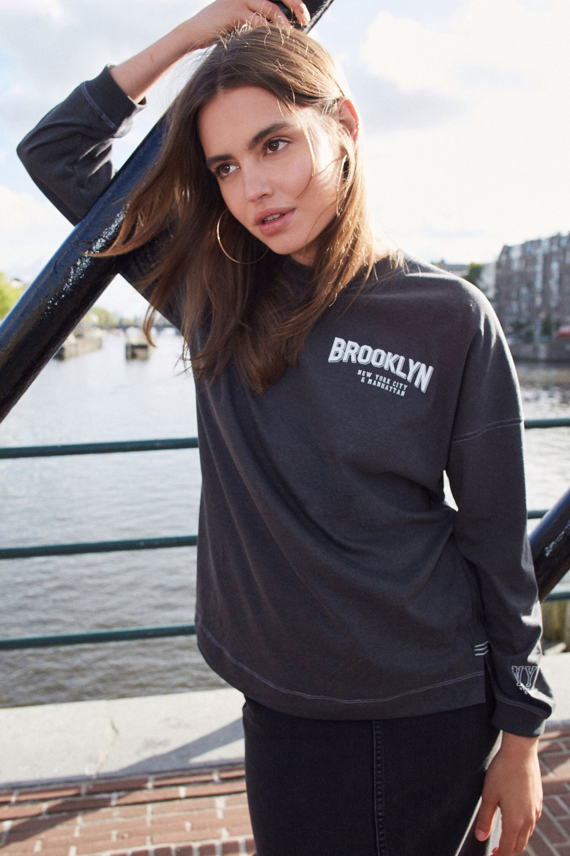 Charcoal Grey Long Sleeve Brooklyn New York City Back Graphic Top - Image 1 of 5