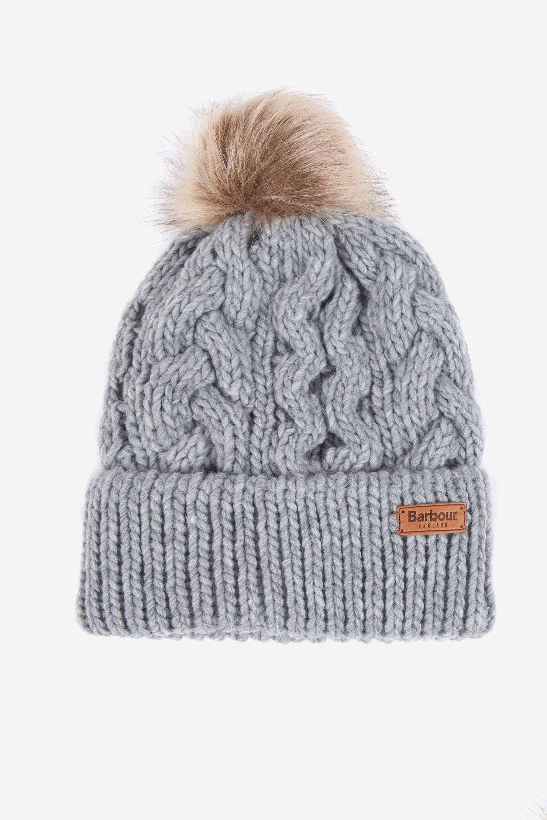 Buy Barbour Grey Penshaw Cable Knit Faux Fur Pom Bobble hat from the Next UK online shop