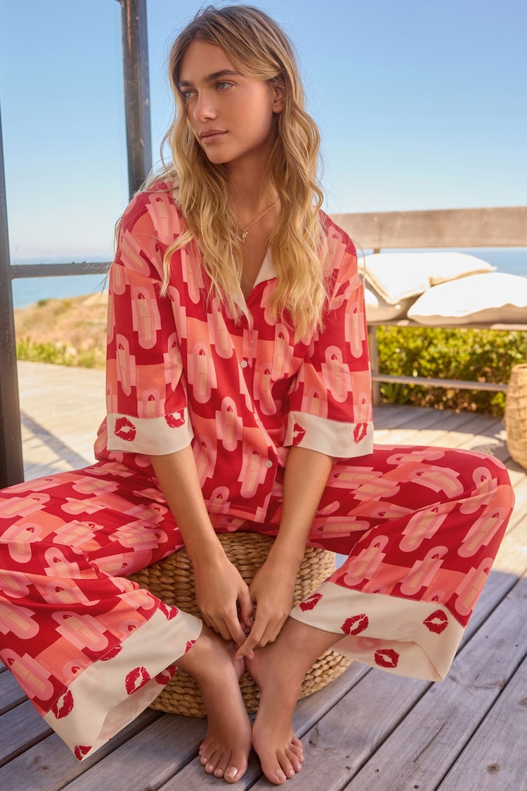 Rockett St George Red Lips Print Woven Button Through Pyjamas - Image 1 of 10