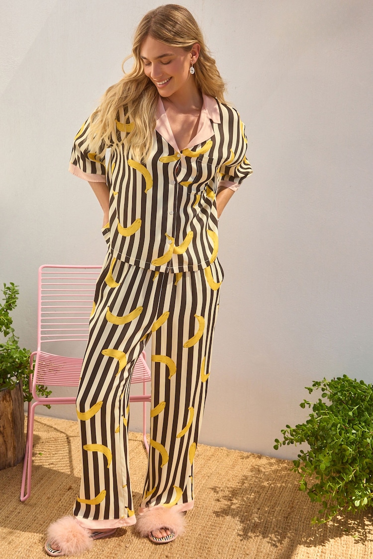 Rockett St George Monochrome Stripe Banana Print Woven Button Through Pyjamas - Image 2 of 10